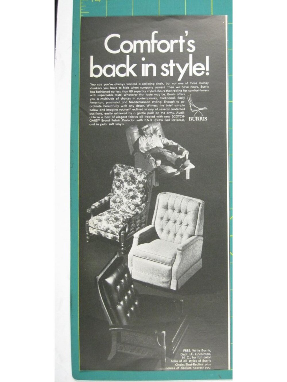 Print Ad Burris Reclining Chairs Retro 1960s Elegant Vintage MOD